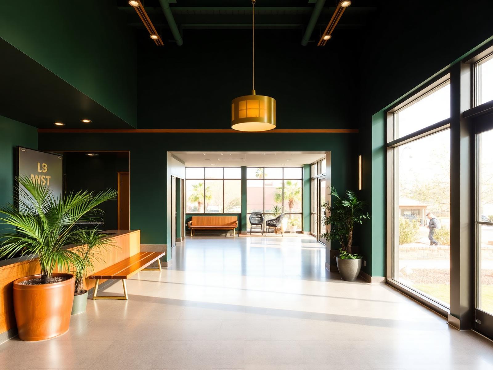 Interior of a modern medical office lobby with warm architectural detailing